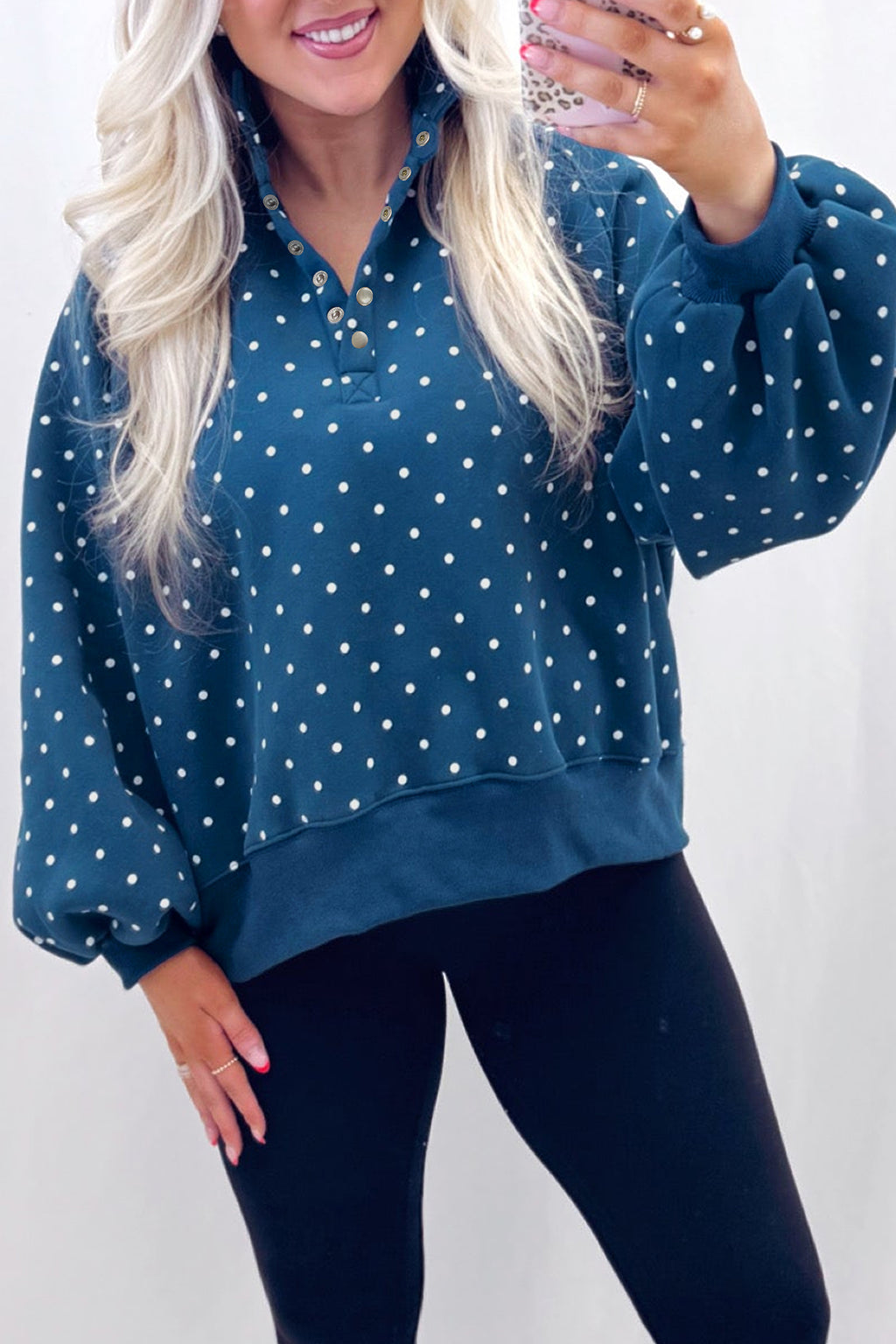 Pink Polka Dot Print Metal Button Collar Casual Pullover Sweatshirt Shewin