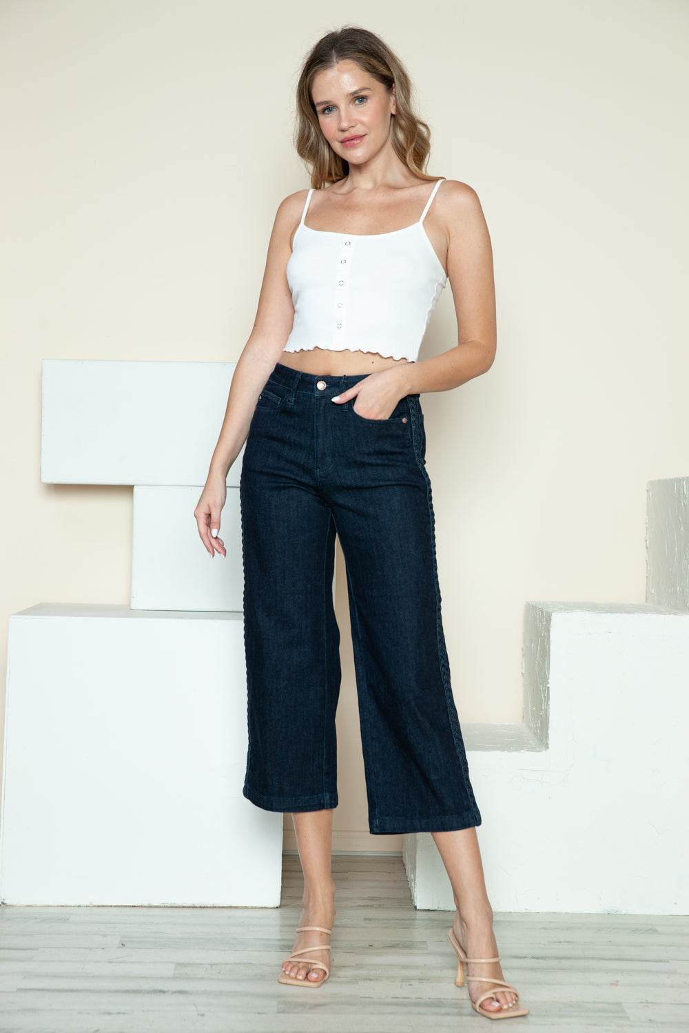 Judy Blue Full Size Side Seam Braid Detail Crop Wide Leg Women Jeans