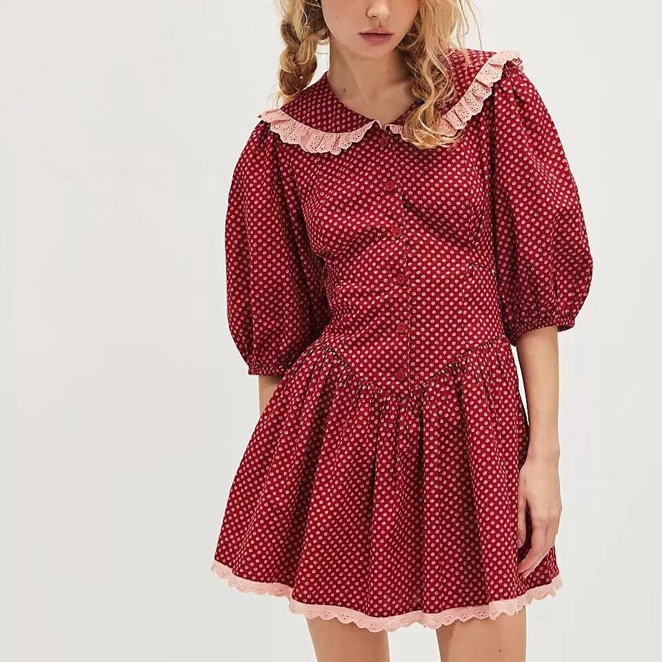 Women Clothing Spring Retro Red French Doll Collar Waist Controlled Lace up Dress Bella Mia