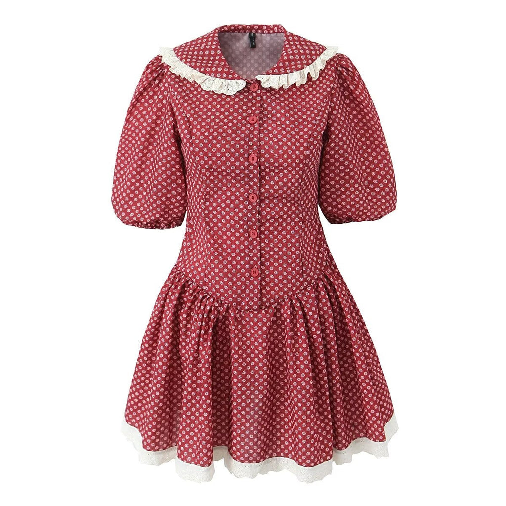 Women Clothing Spring Retro Red French Doll Collar Waist Controlled Lace up Dress Bella Mia