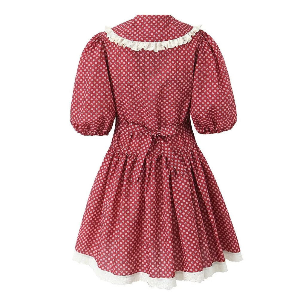 Women Clothing Spring Retro Red French Doll Collar Waist Controlled Lace up Dress Bella Mia