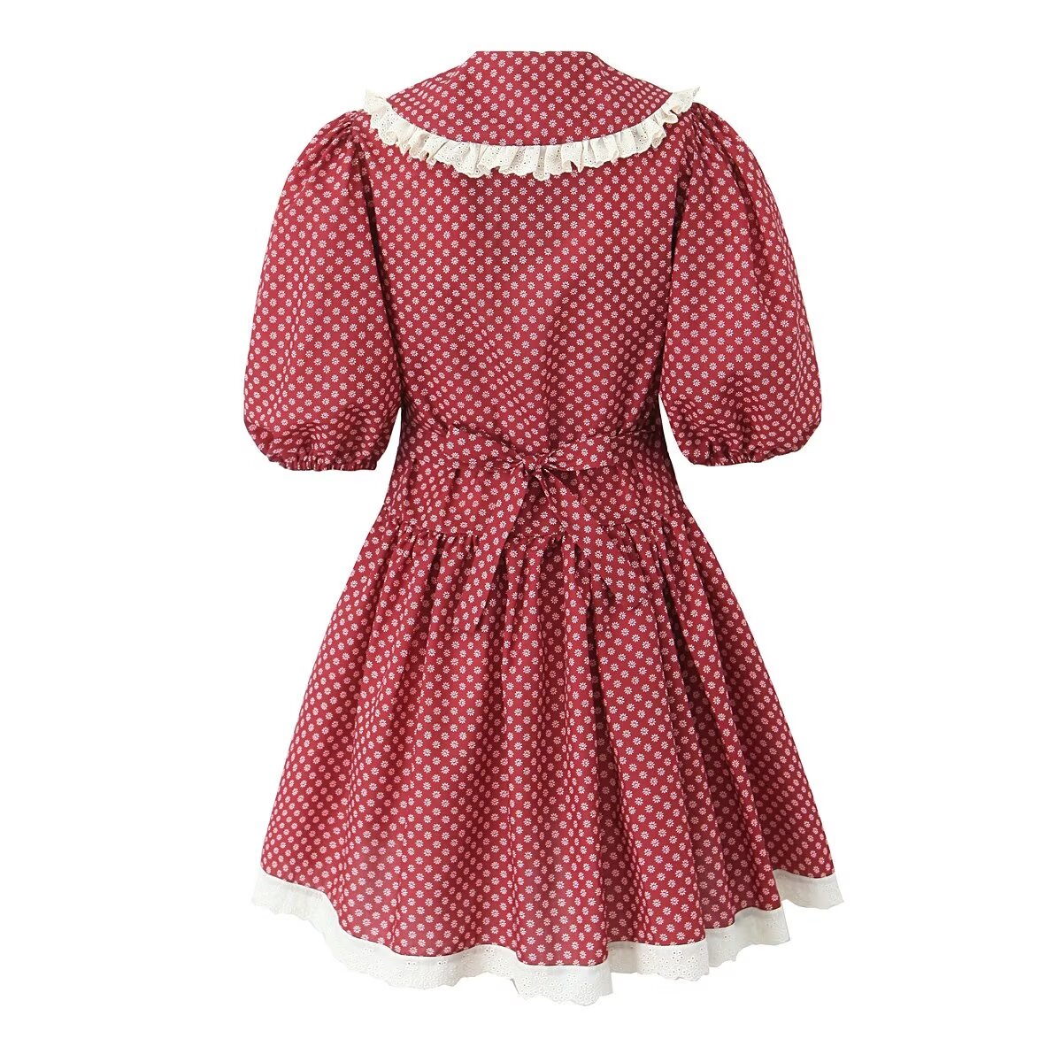 Women Clothing Spring Retro Red French Doll Collar Waist Controlled Lace up Dress Bella Mia