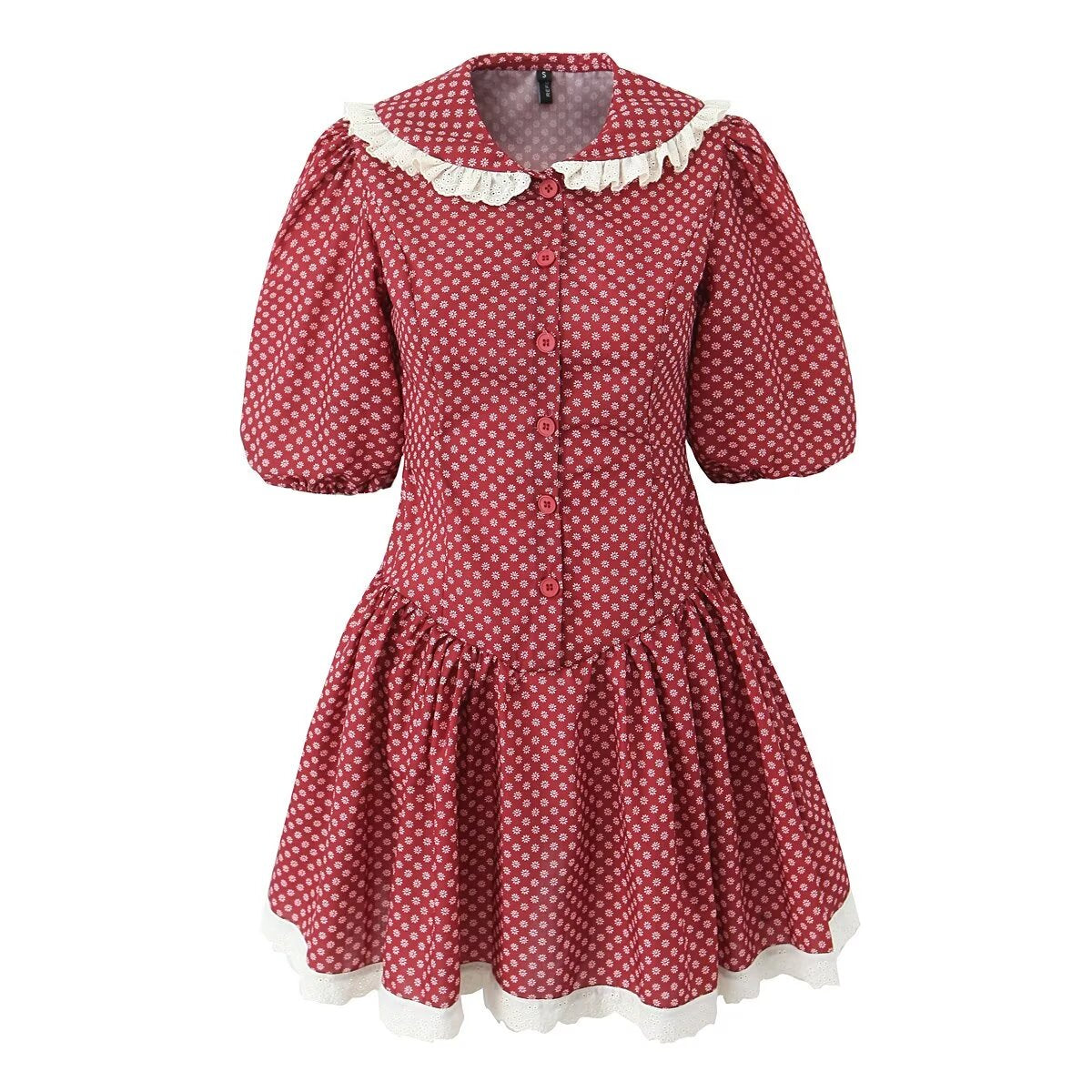 Women Clothing Spring Retro Red French Doll Collar Waist Controlled Lace up Dress Bella Mia
