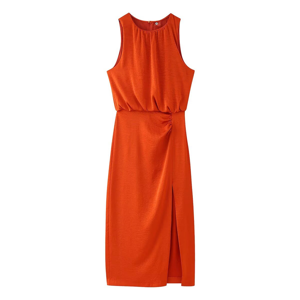 Spring Women Clothing Pleated Decorative Silk Satin Texture Dress Bella Mia