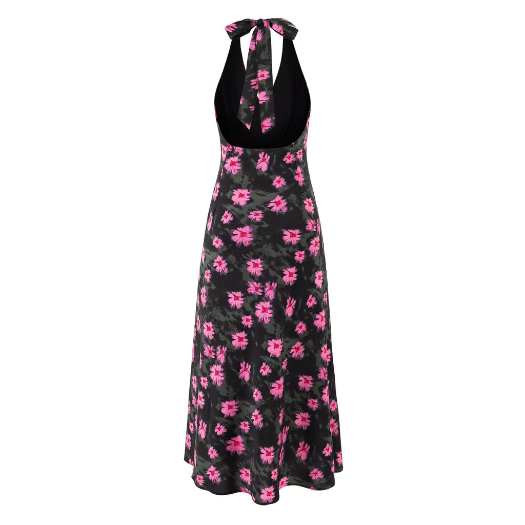 Sweet Printed Chic Sleeveless Backless Midi Dress Halter Retro Vacation Dress Bella Mia