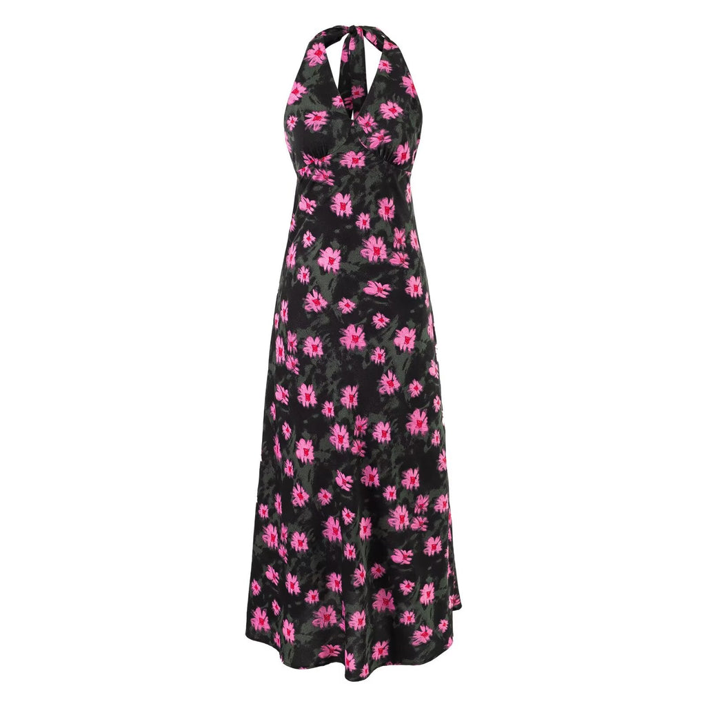 Sweet Printed Chic Sleeveless Backless Midi Dress Halter Retro Vacation Dress Bella Mia