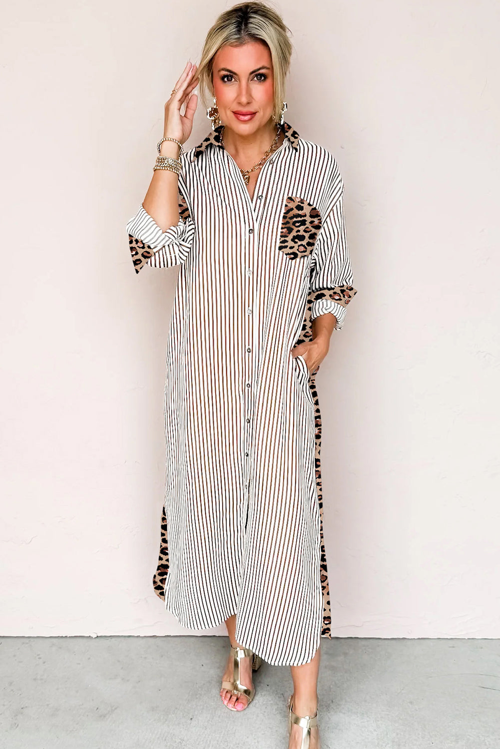 Sky Blue Stripe Contrast Leopard Patchwork Long Shirt Dress with Slits