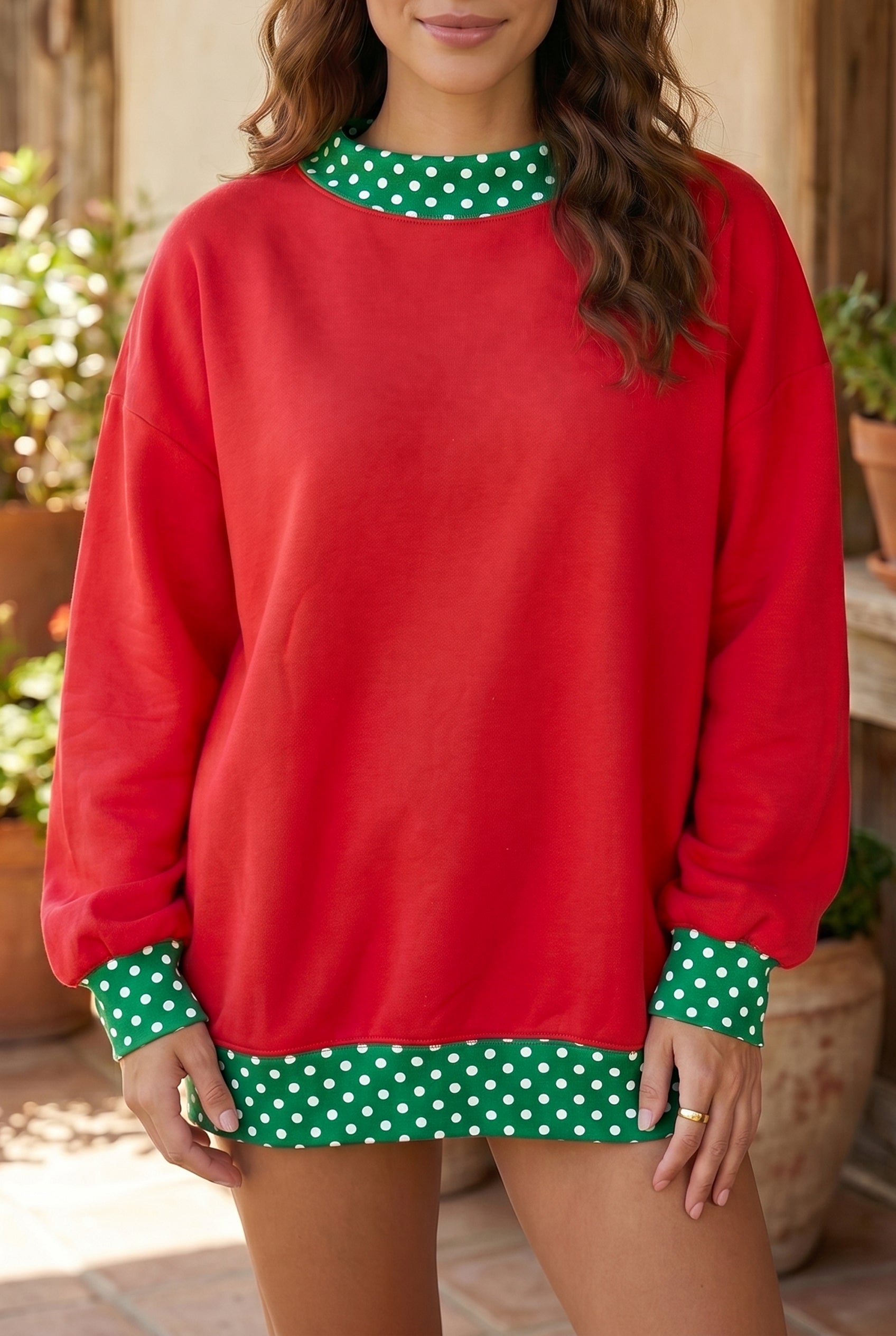 Brown Colorblock Polka Dot Contrast Trim Oversized Sweatshirt Shewin