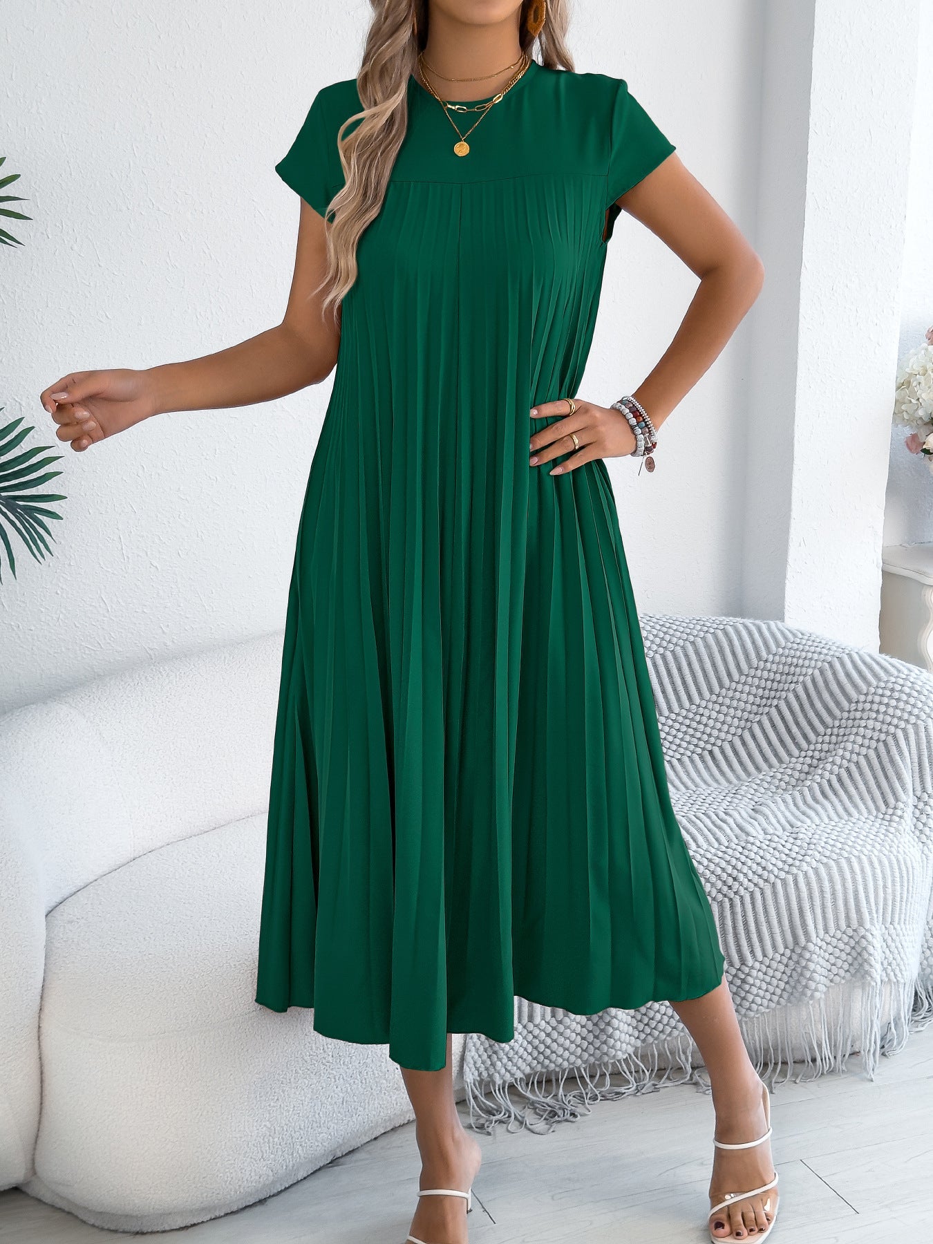 Women Clothing Spring Summer Casual Loose Short Sleeves Pocket Pleated Dress（No Belt） Bella Mia
