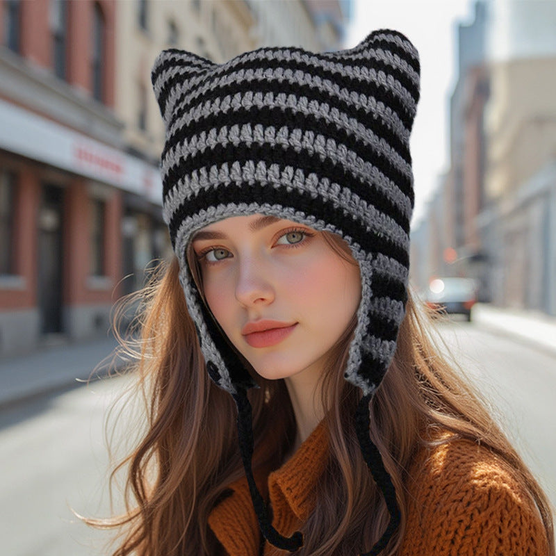 Women’s Hand Knitted Striped Cat Hat – Cute Warm Winter Beanie FitiqueFit