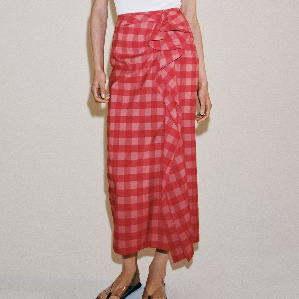 Women Clothing Summer Elegant Plaid Split Laminated Decoration Midi Dress Bella Mia