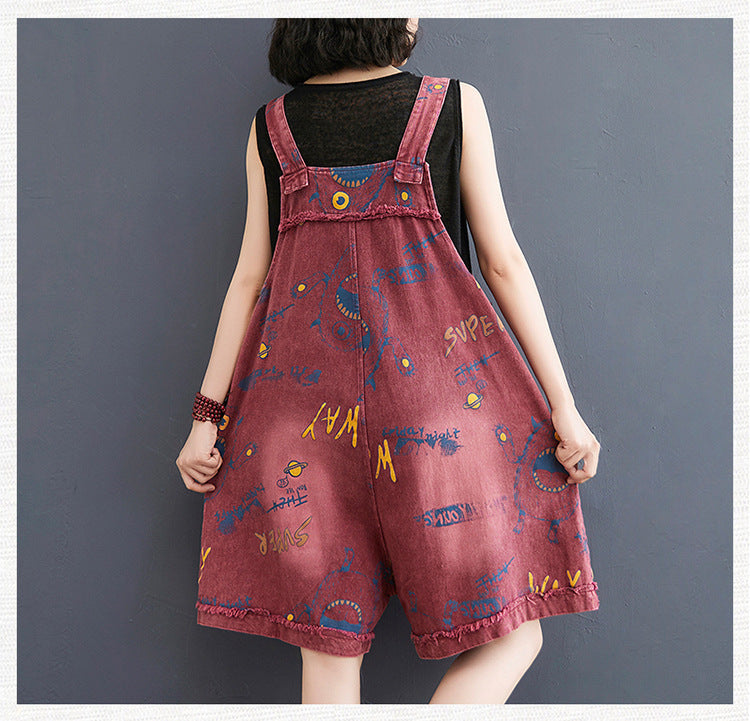 Retro Fashion Print Loose Denim Strap Shorts For Women