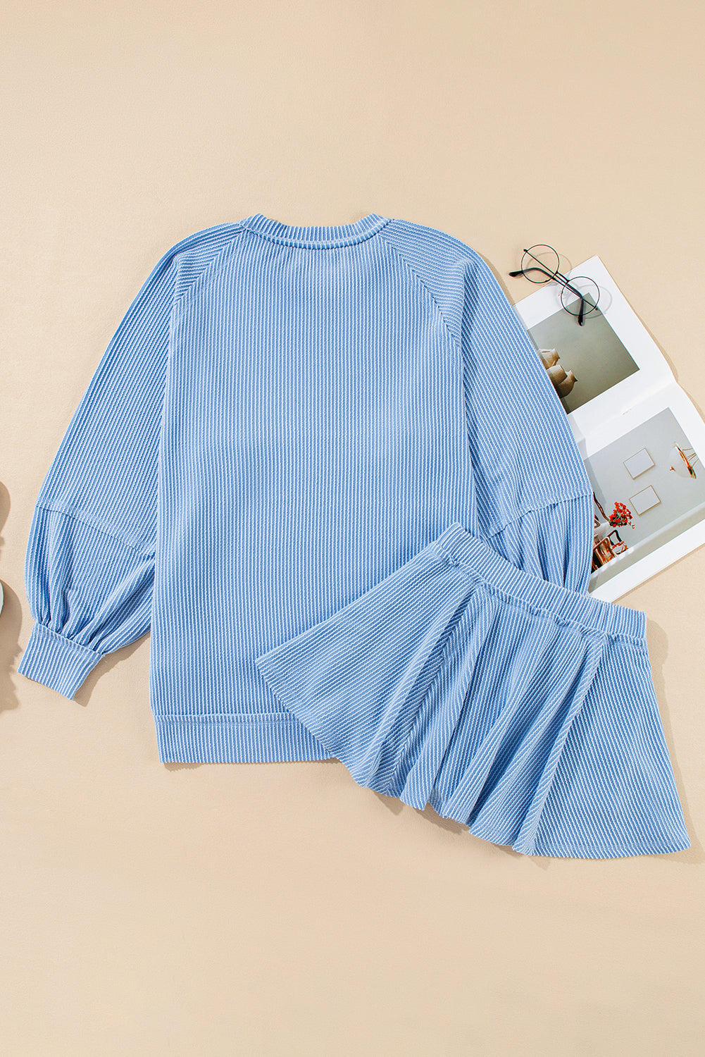 Jet Stream Corded Lantern Sleeve Top High Waist Ruffled Mini Skort Set