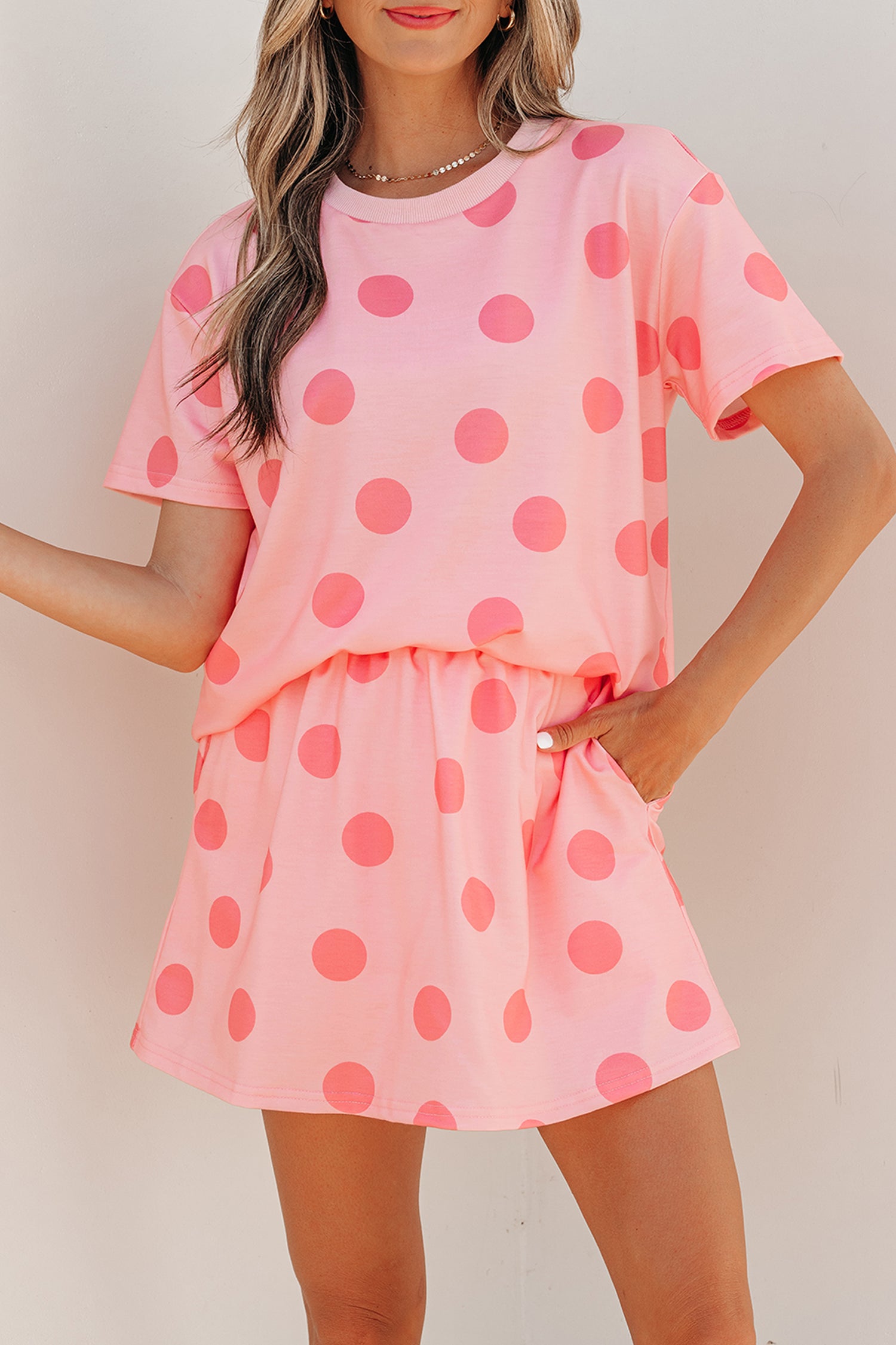 Sky Blue Polka Dot Short Sleeve Top Casual Skort 2pcs Outfit