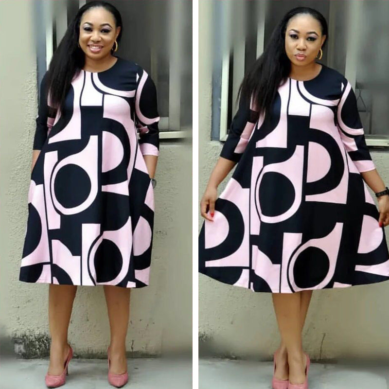 Women's fashionable Purple Printed Round Neck Mid Sleeve Plus Size Dress