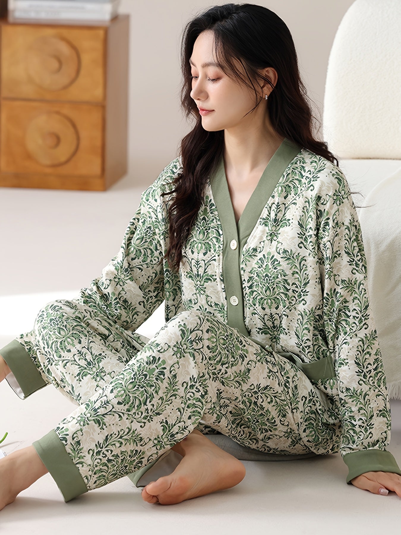 Elegant Womens Floral VNeck Cotton Pajama Set