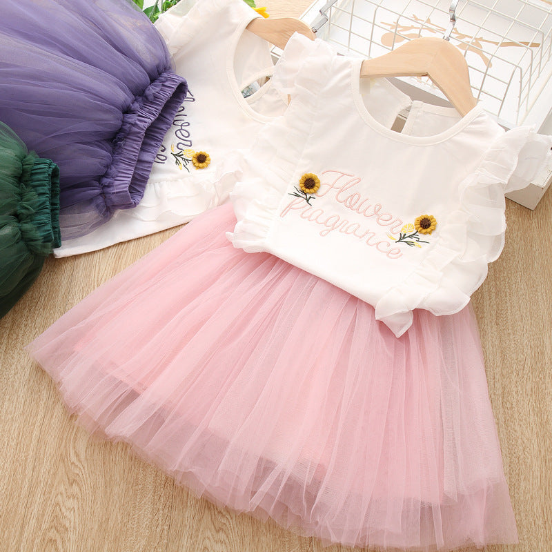 English Alphabet Sunflower Embroidery Blouse And Mesh Skirt Two-piece Suit