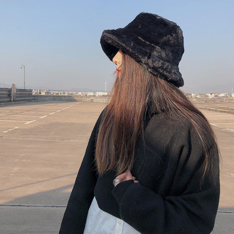 Winter Women's Thickened Imitation Rabbit Fur Flat Top Japanese Fisherman Hat