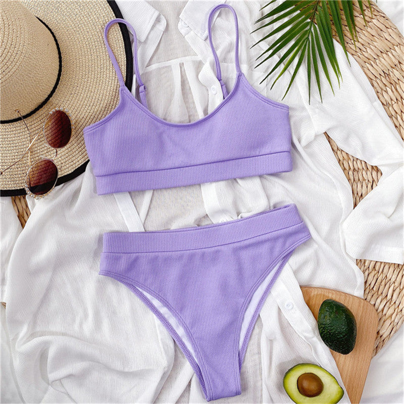 Women's High Waist Bikini Sexy Rib S-XL Two-Piece Set