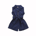 Multicolor Girls' Solid Lapel Sleeveless Single-breasted One-piece Shorts