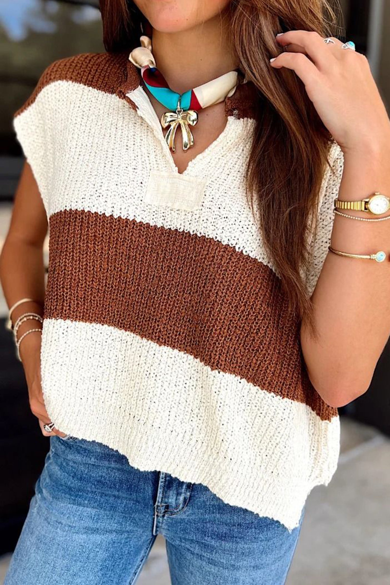 Brown Stripe Striped Colorblock Knit V Neck Short Sleeve Loose Sweater