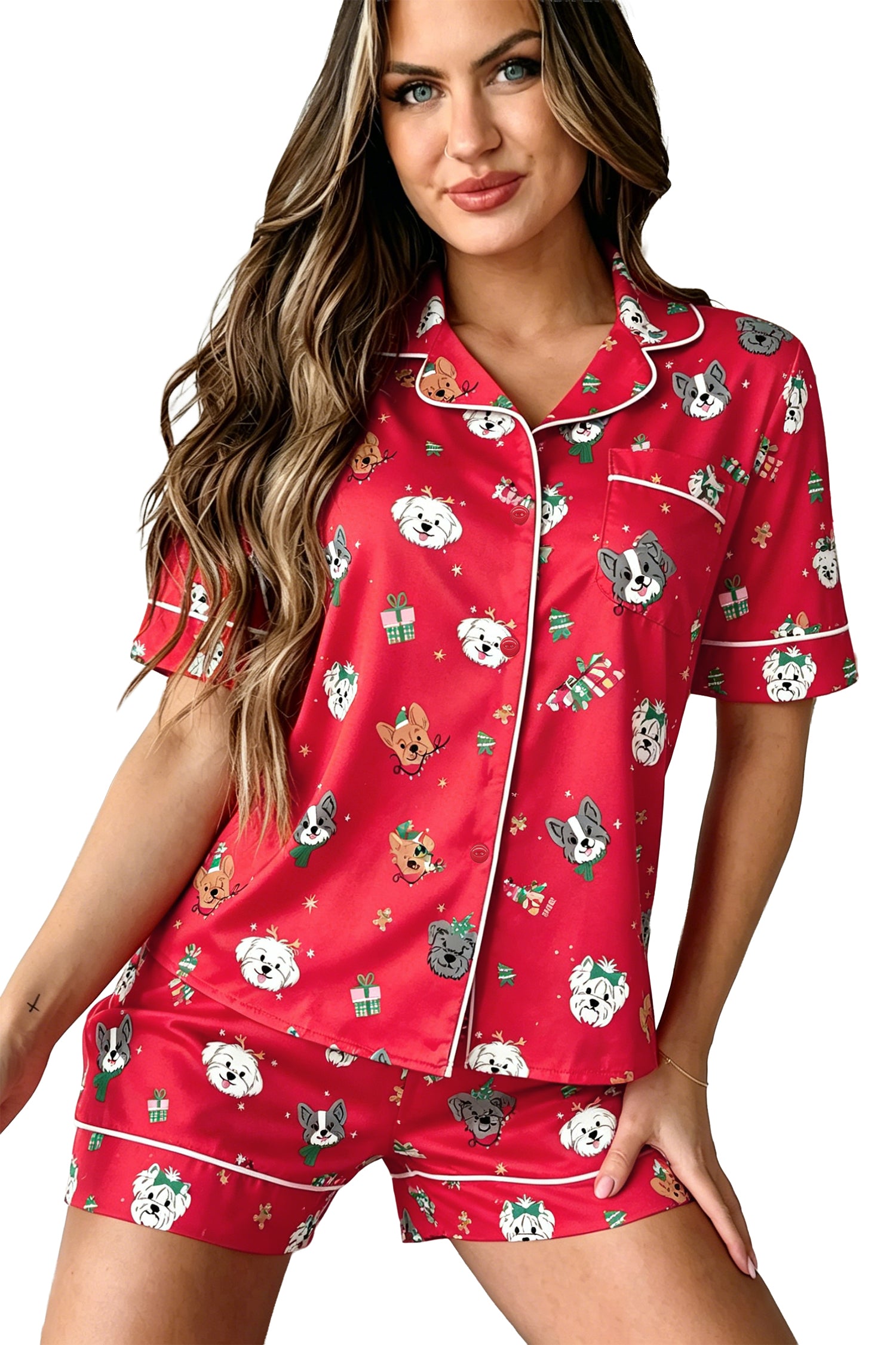 Racing Red Festive Dog Print Short Sleeve Two Piece Lounge Set