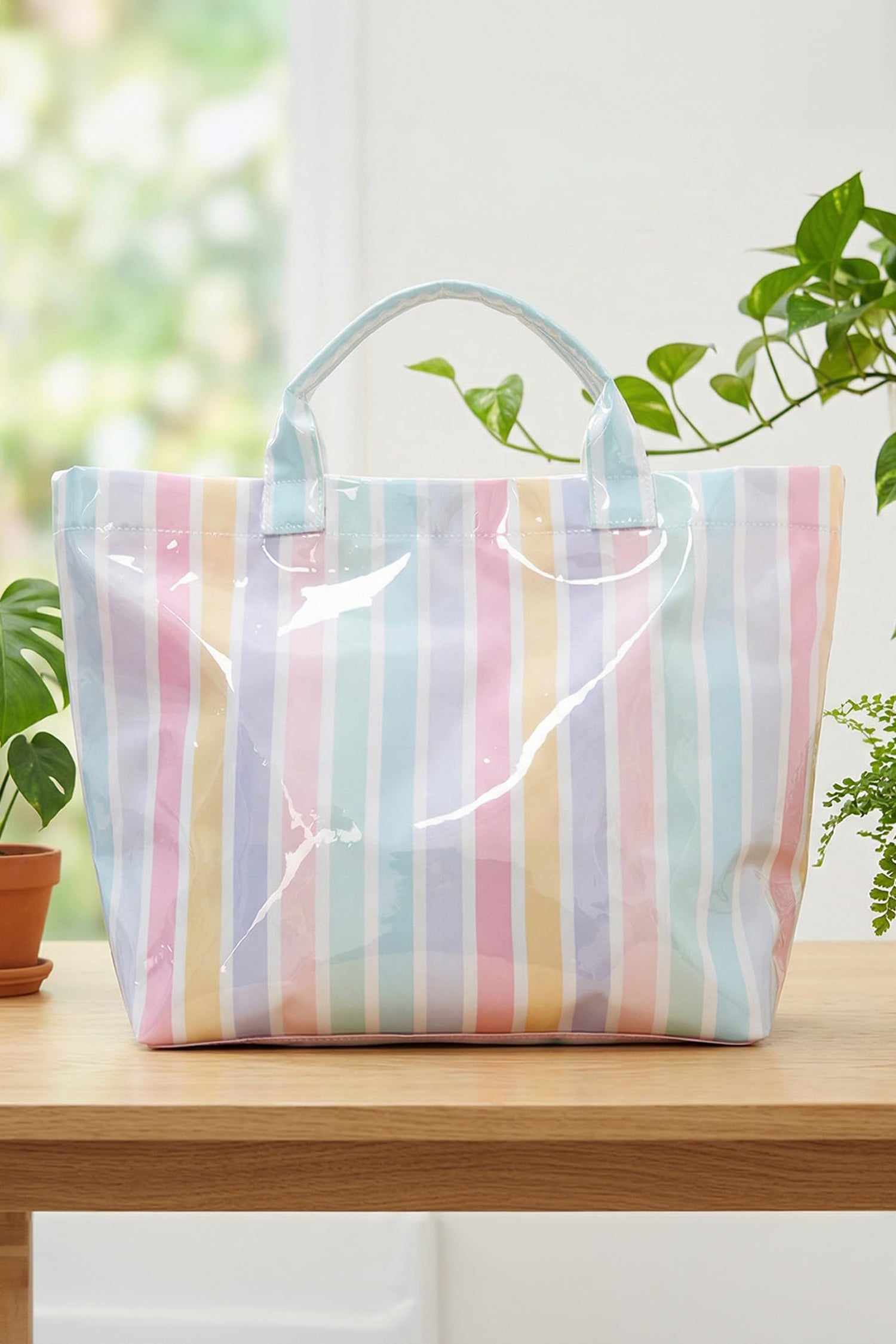 Red Glossy Striped Vinyl Large Tote Bag (Color Varied)