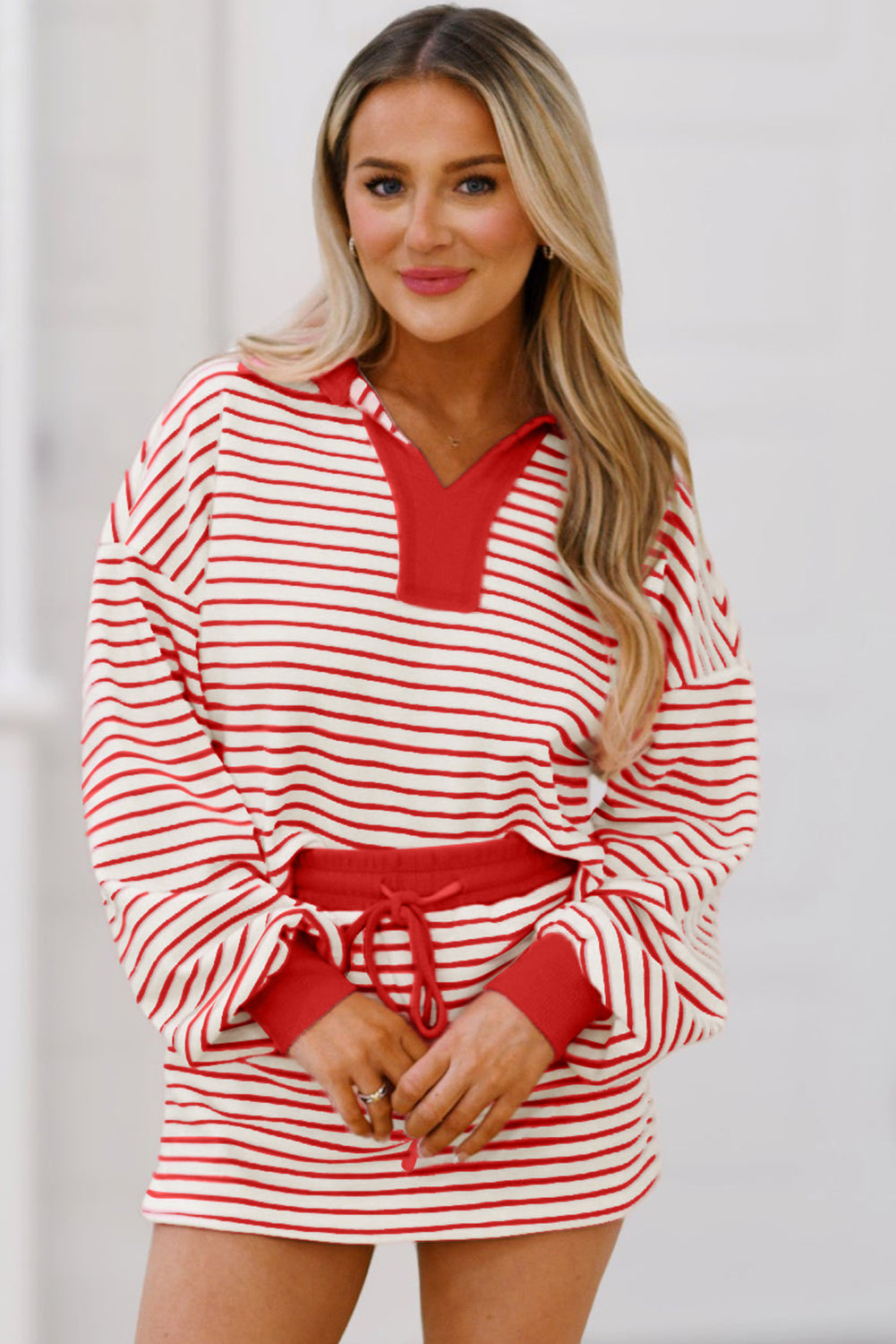 Green Striped Collared V Neck Drop Shoulder Pullover and Skirt Set