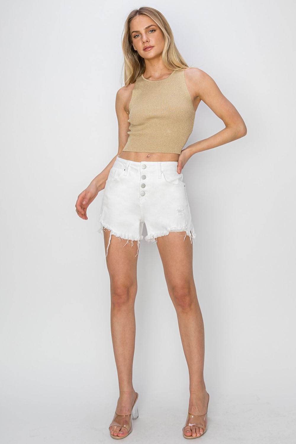 RISEN Button Fly Frayed Hem Denim Women Shorts