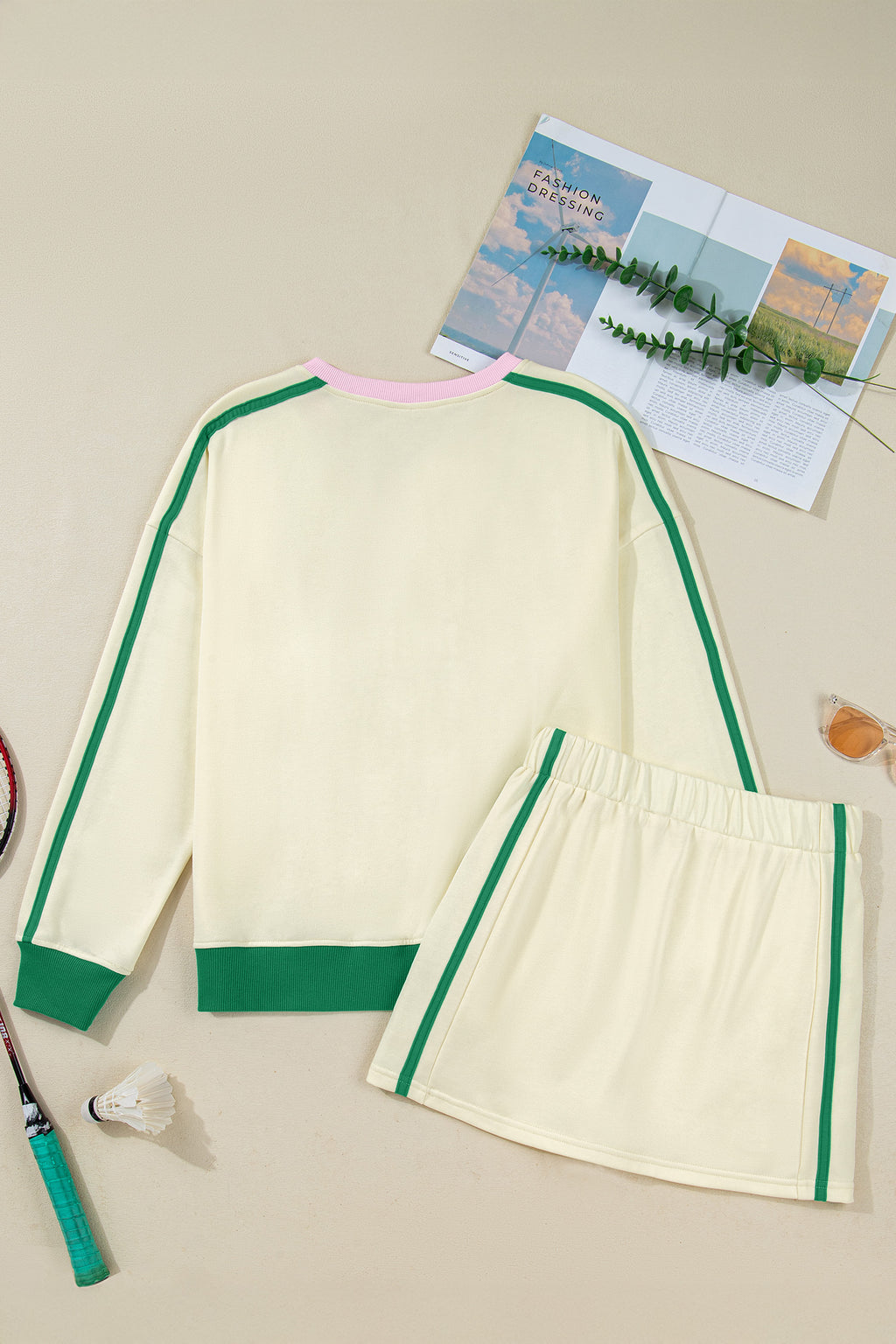 Sky Blue Ribbed Colorblock Trim V Neck Sporty Pullover Mini Skort 2pcs Athleisure Set