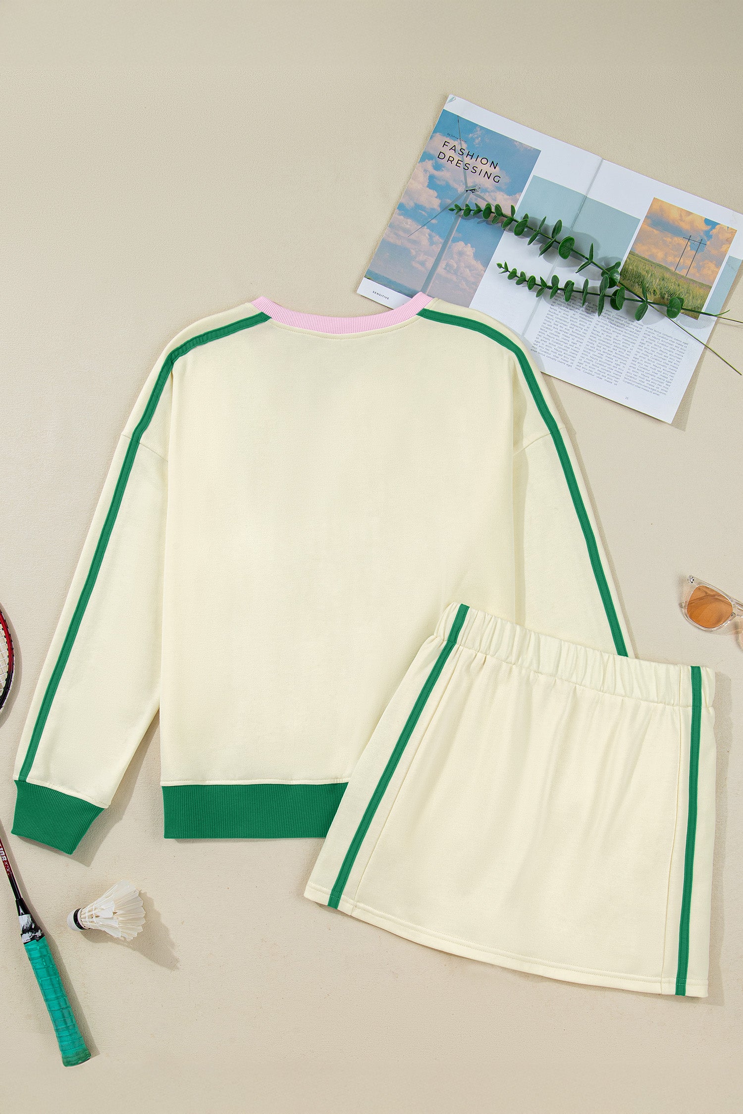 Sky Blue Ribbed Colorblock Trim V Neck Sporty Pullover Mini Skort 2pcs Athleisure Set