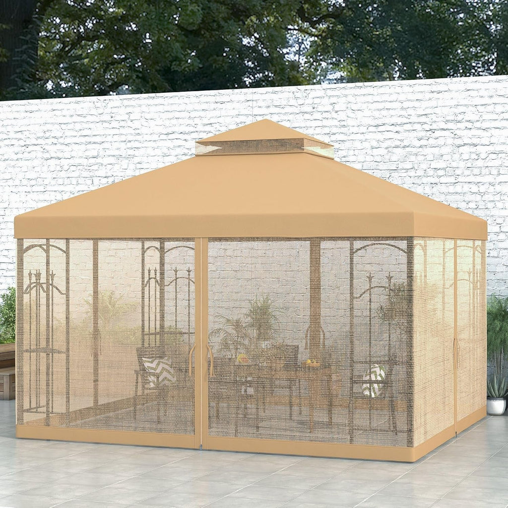 10x12 Brown Patio Gazebo Weather Resistant With Corner Shelves