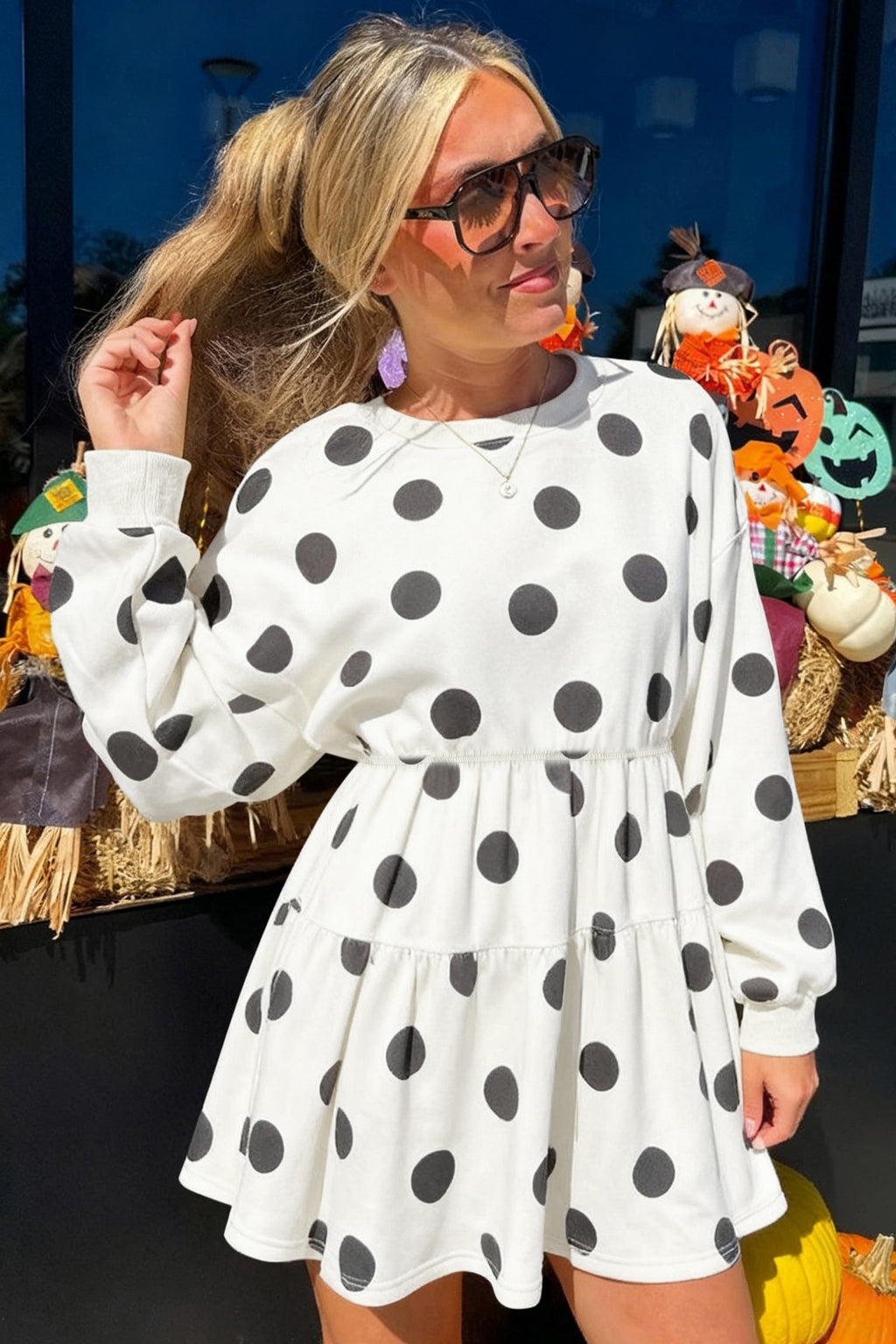 Pink Polka Dot Printed Long Sleeve Flared Mini Dress