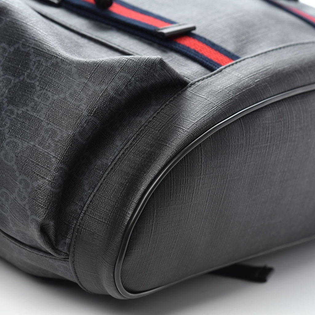 Gucci Soft GG Supreme Monogram Appia Calfskin Web Double Buckle Backpack Black Banlieue91