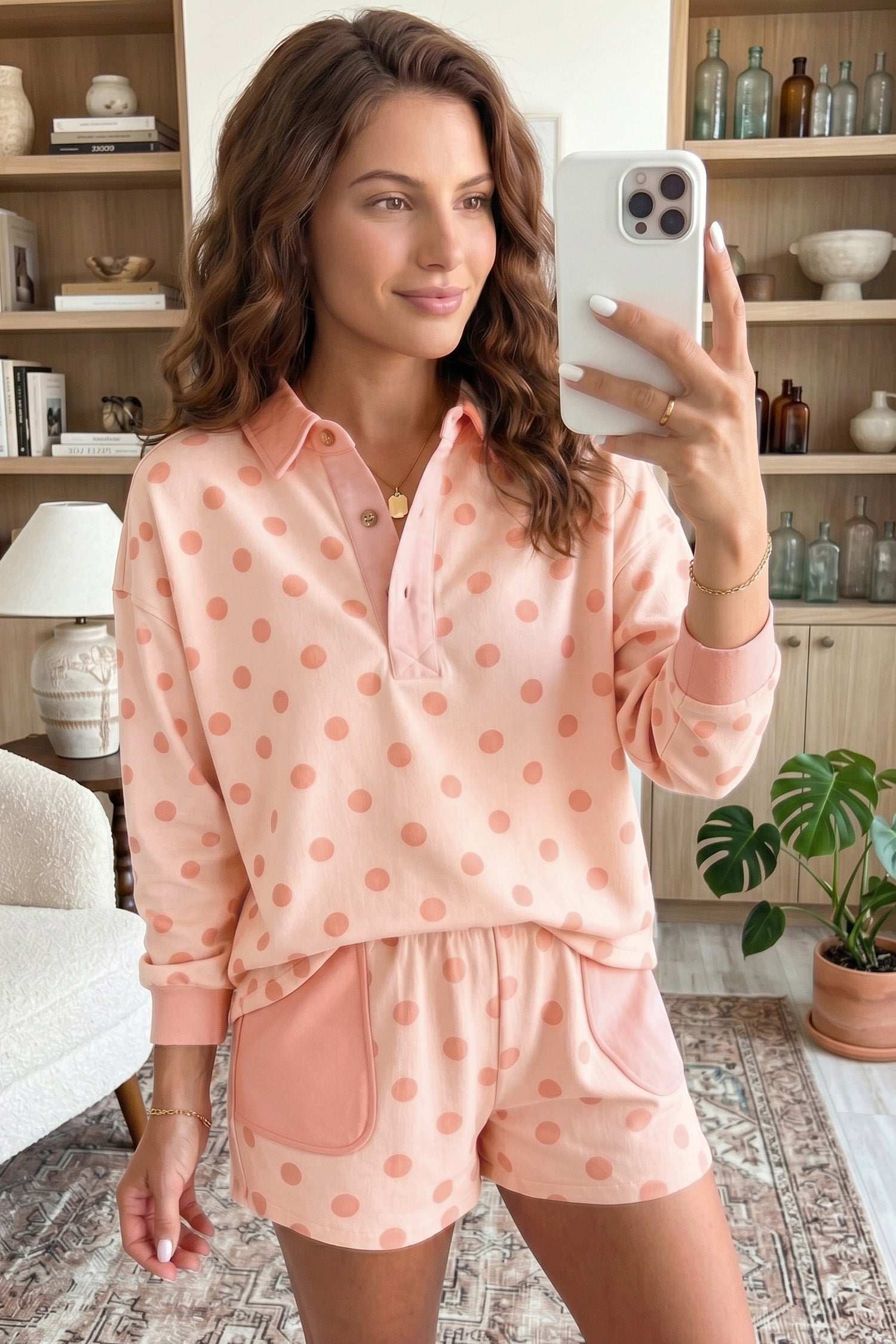 Sky Blue Polka Dot Drop Shoulder Polo Loose Pullover Patch Pocket Casual Shorts Set