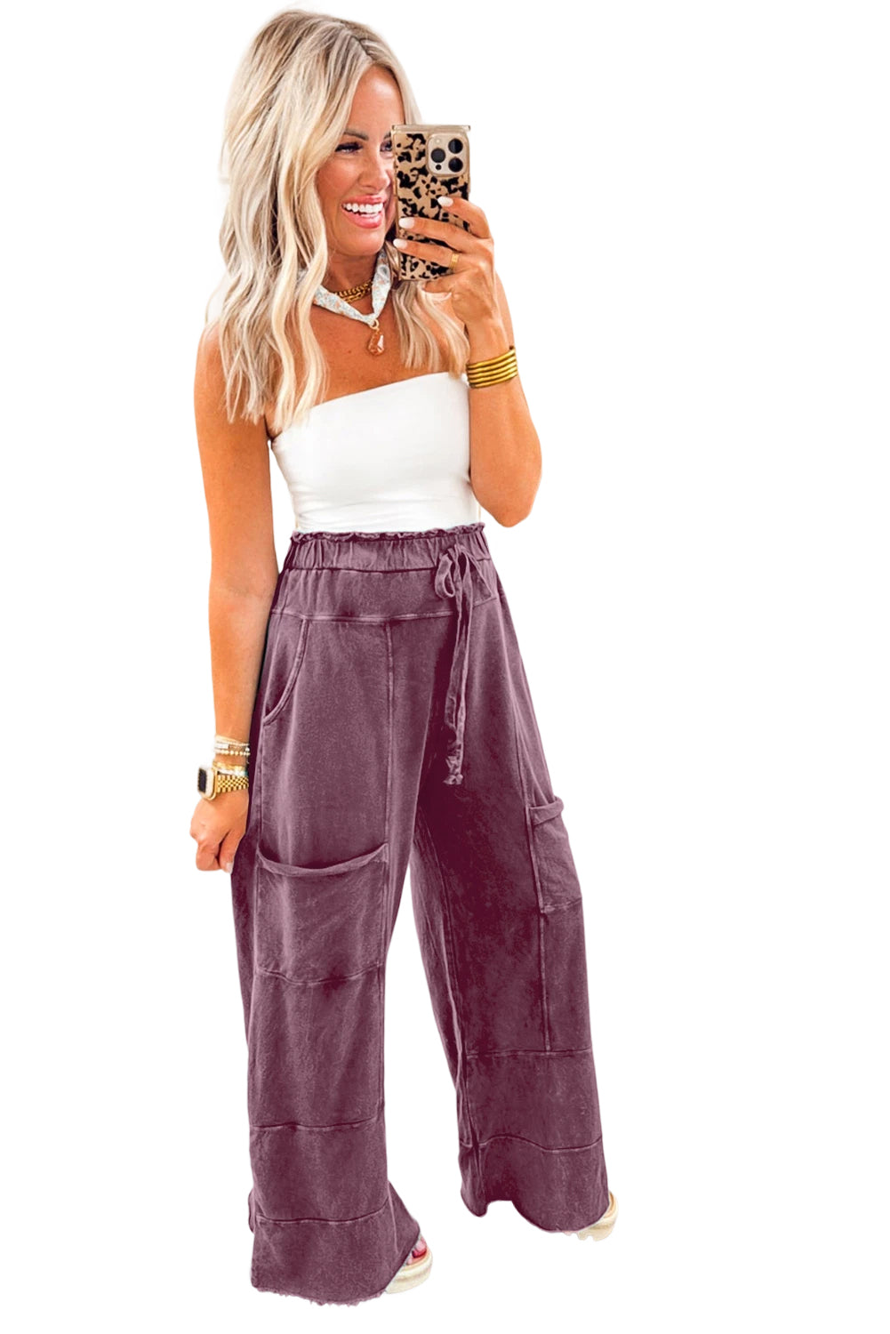 Wild Ginger  Mineral Wash Knot High Waist Raw Hem Pants Shewin