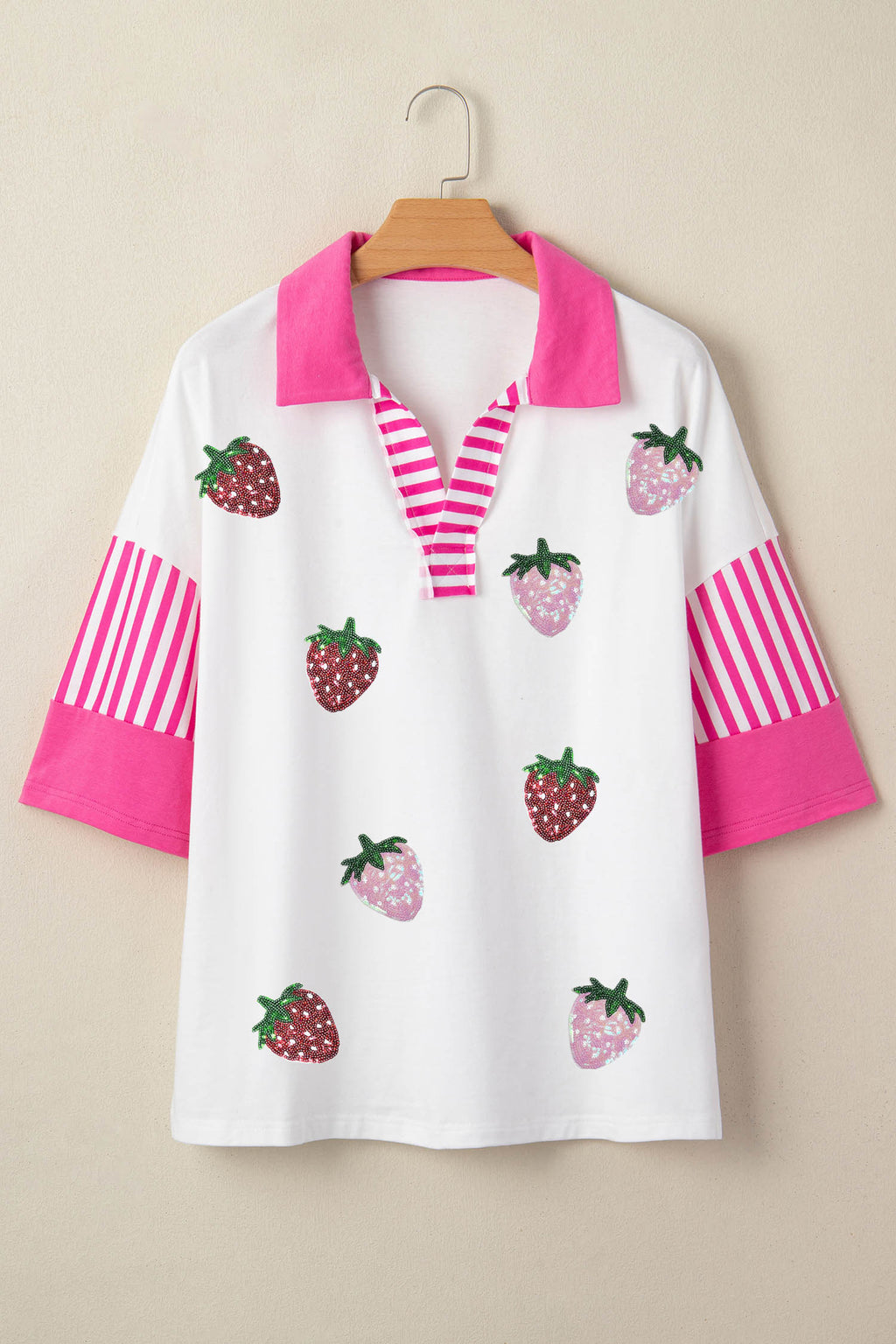 White Sequin Strawberry Print V Neck Striped Sleeve Casual Summer Tee