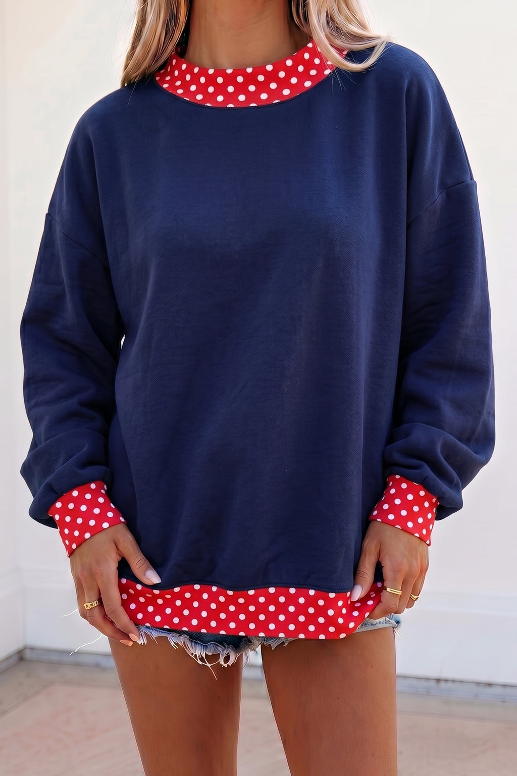 Brown Colorblock Polka Dot Contrast Trim Oversized Sweatshirt