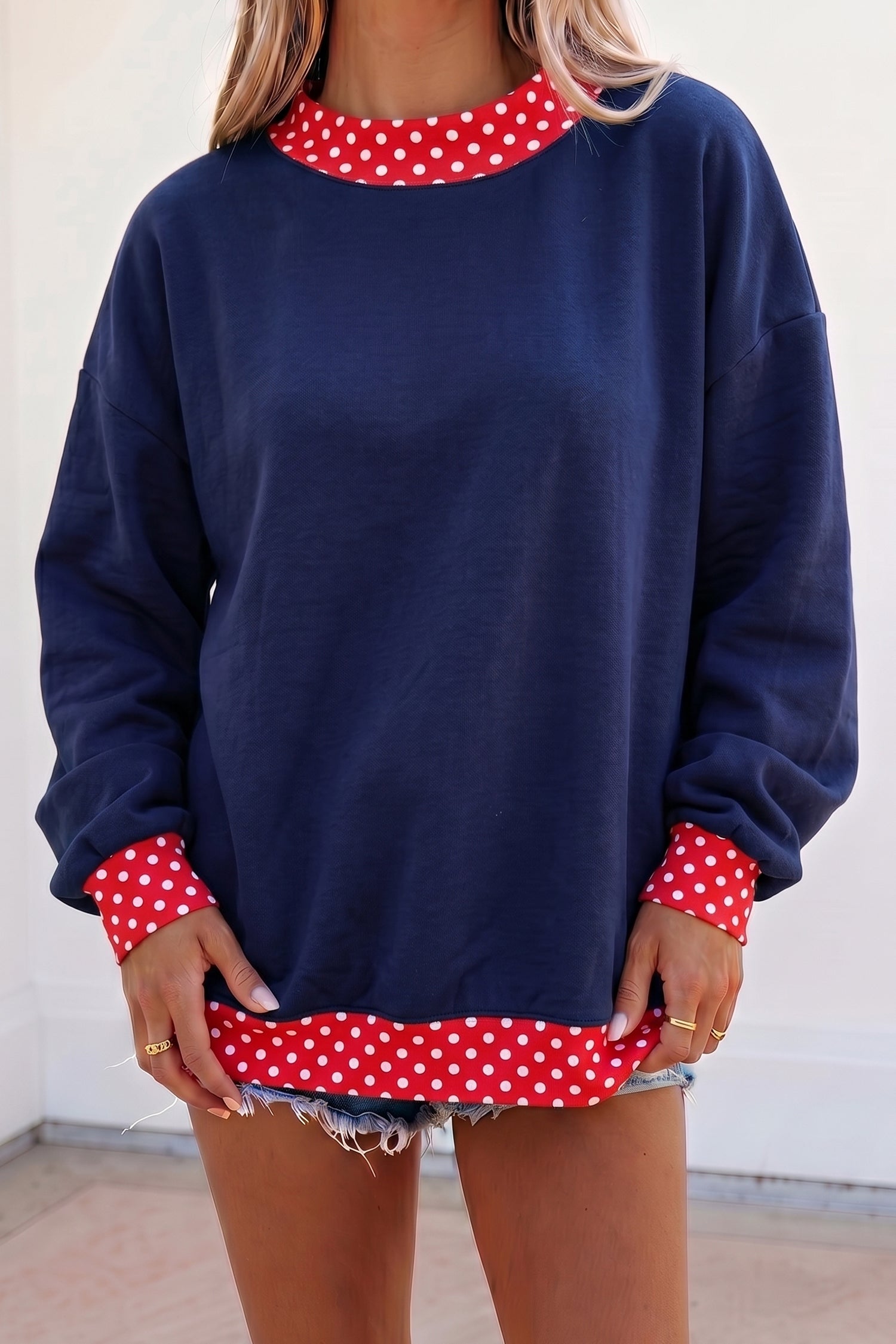 Brown Colorblock Polka Dot Contrast Trim Oversized Sweatshirt