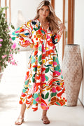 Orange Abstract Tie V Neck Tiered Maxi Dress