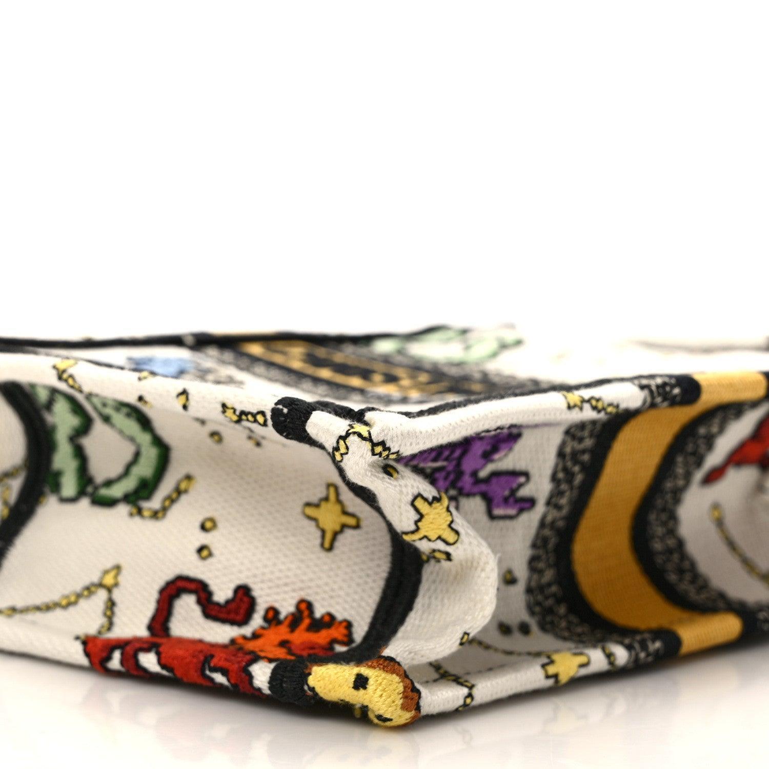 Christian Dior Canvas Embroidered Pixel Zodiac Mini Book Tote Phone Bag in Latte Multicolor Banlieue91