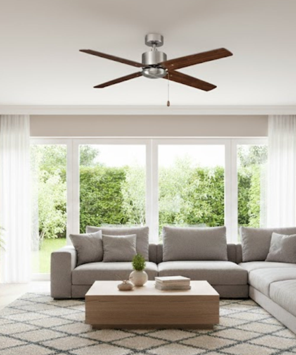 52" Aldea IV 4-Blade Ceiling Fan Brushed Nickel Motor Finish and Walnut Blade Finish LampsUSA