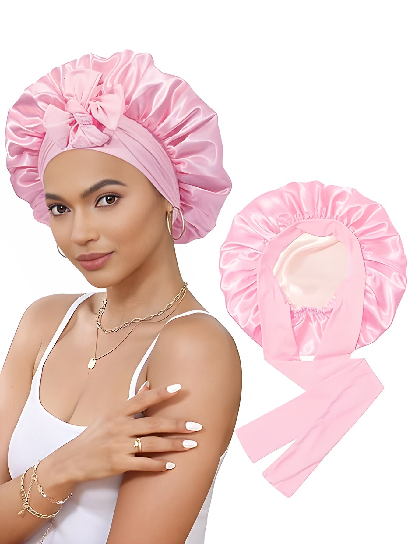 Bow bow ribbon nightcap single-layer color Ding round hat long tail hair care hat V.I.P Digital Presence