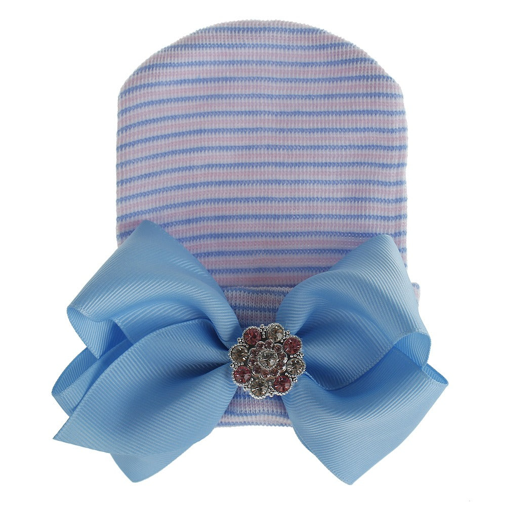 European and American Big Bow Glittering Diamond Pink Stripe Girl Baby Knitted Hat Newborn Baby Pullover Hat V.I.P Digital Presence