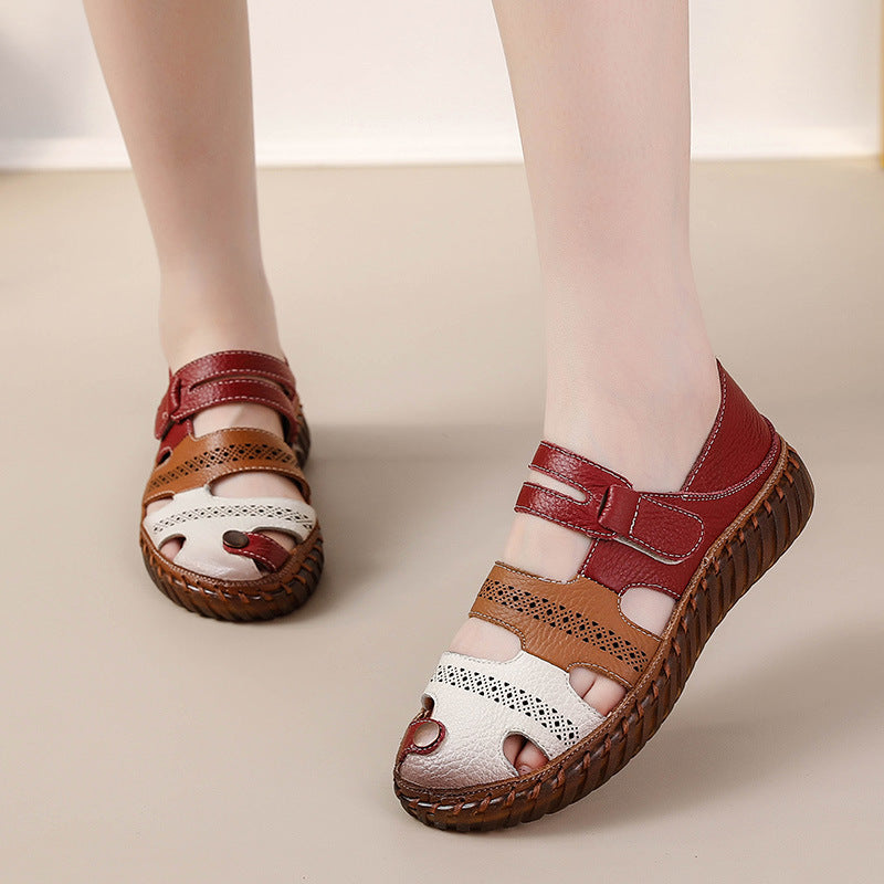 Cowhide mom sandals for women non slip cowhide sole soft sole genuine leather women's shoes flat bottom