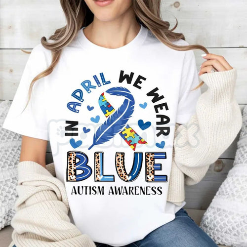 "In April We Wear Blue" Modern Autism T-Shirt – Minimalist Ribbon & Puzzle Graphic Tee, Premium 100% Cotton Advocacy Top, Soft Lived-In Heavyweight Neurodiversity Apparel, Made in USA Pasimax