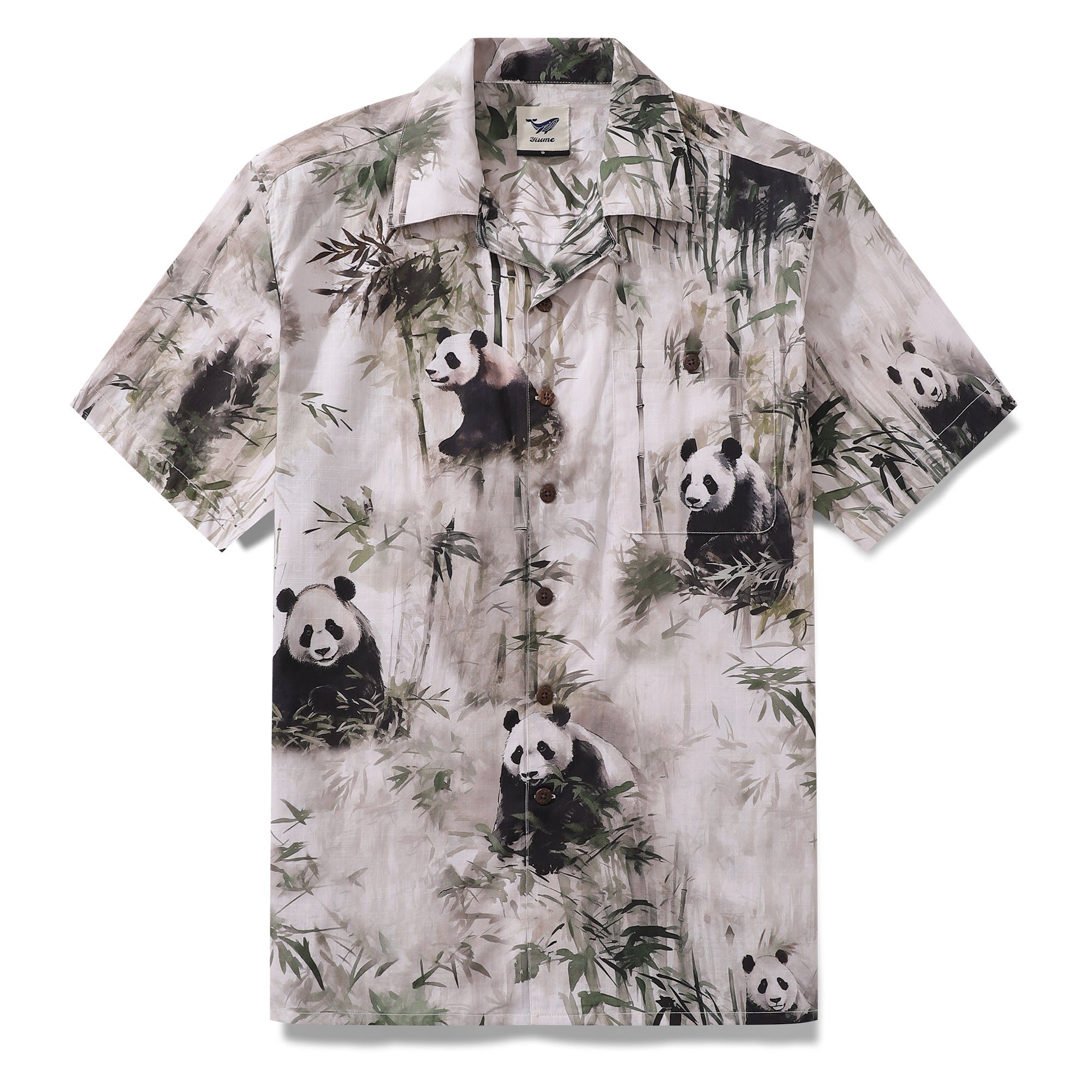 Cotton Hawaiian Shirt For Men Panda Bamboo Forest Print Shirt Camp Collar By Yakima