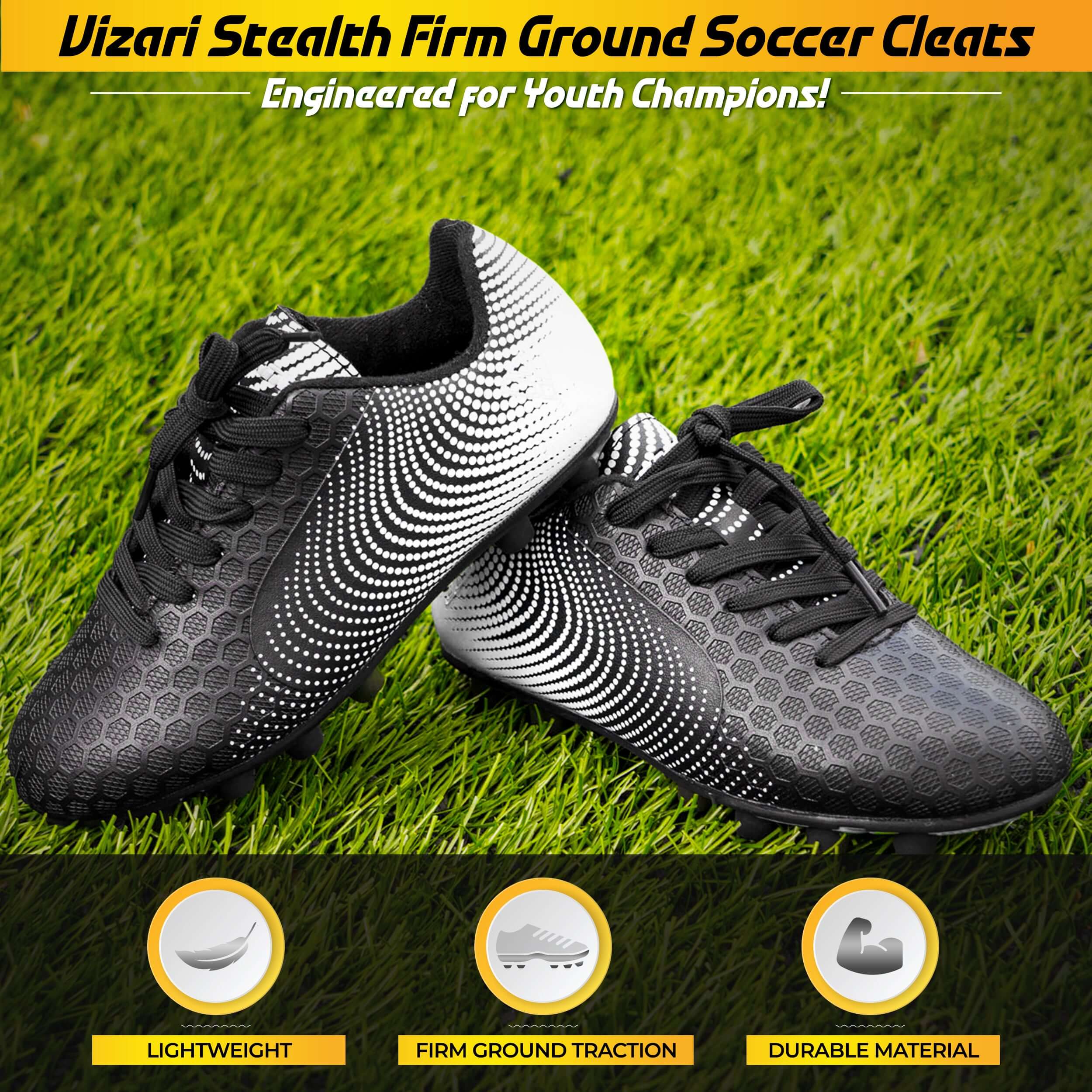 Vizari Youth Stealth Firm Ground Soccer Shoes – Black/White Vizari Sports