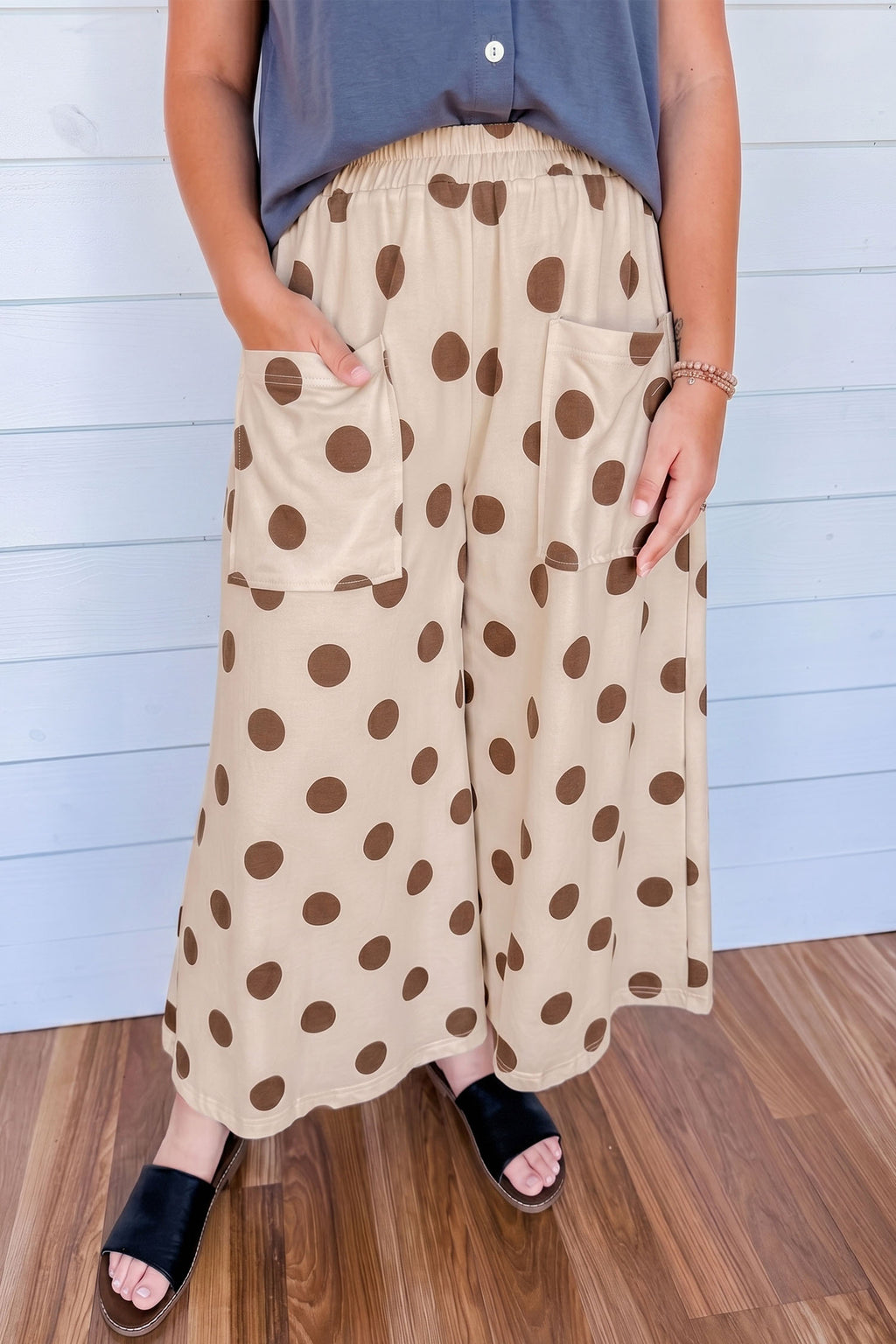 Sky Blue Polka Dot Elastic Waist Wide Leg Plus Size Pants