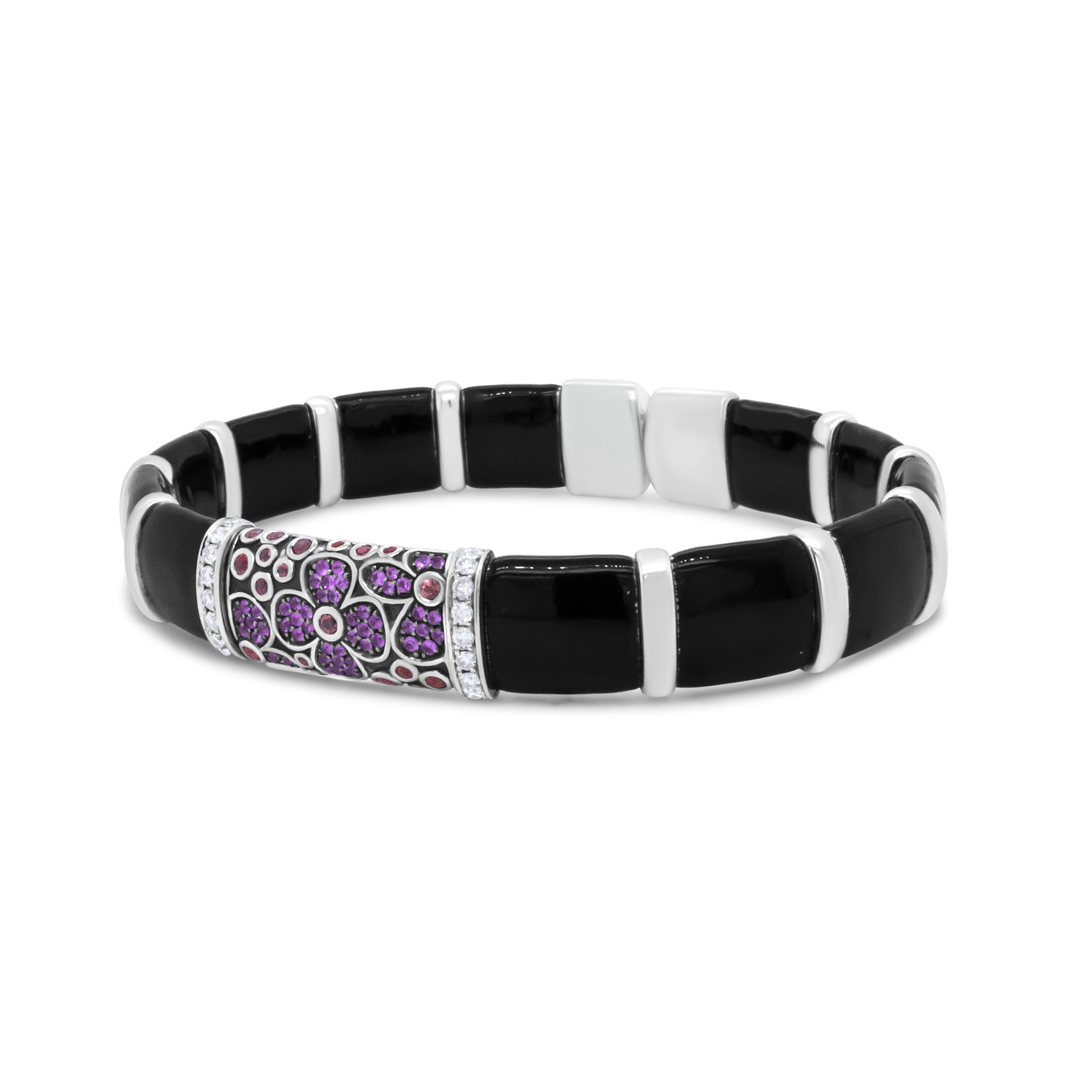 .925 Sterling Silver Black and Brown Enamel 1/3 Cttw Round Diamonds and Pink and Orange Sapphire Gemstones Floral Statement Bangle Bracelet (F-G Color, VS1-VS2 Clarity) - Size 7.75" Bids.com